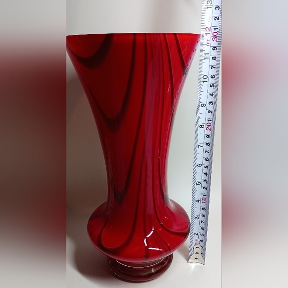 Red White Cased Glass Vase Art Green Orange Ribbon Lines, approx. 12" Tall - Picture 7 of 7